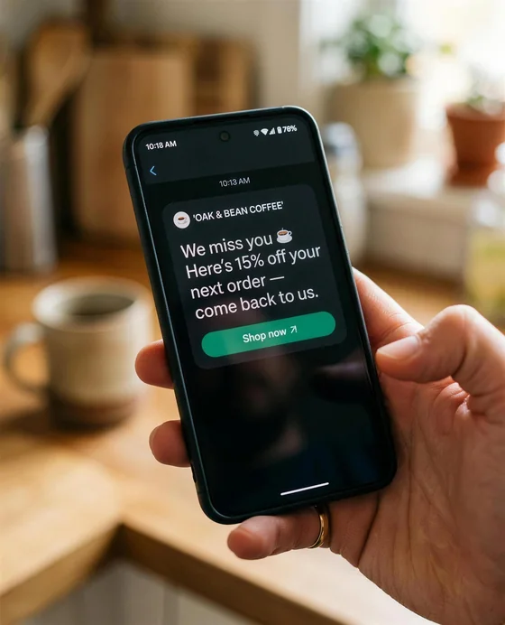 A win-back text message Orbit sent to a lapsed customer, offering 15% off their next order.